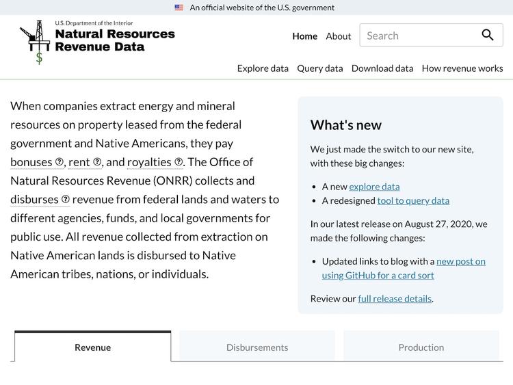 Screenshot of US Department of Interior Revenue Data