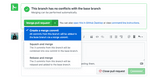 The GitHub pull request screen shows a 'merge' button with a dropdown and several options. This screenshot highlights that the first option is the desired one, 'Create a merge commit'.