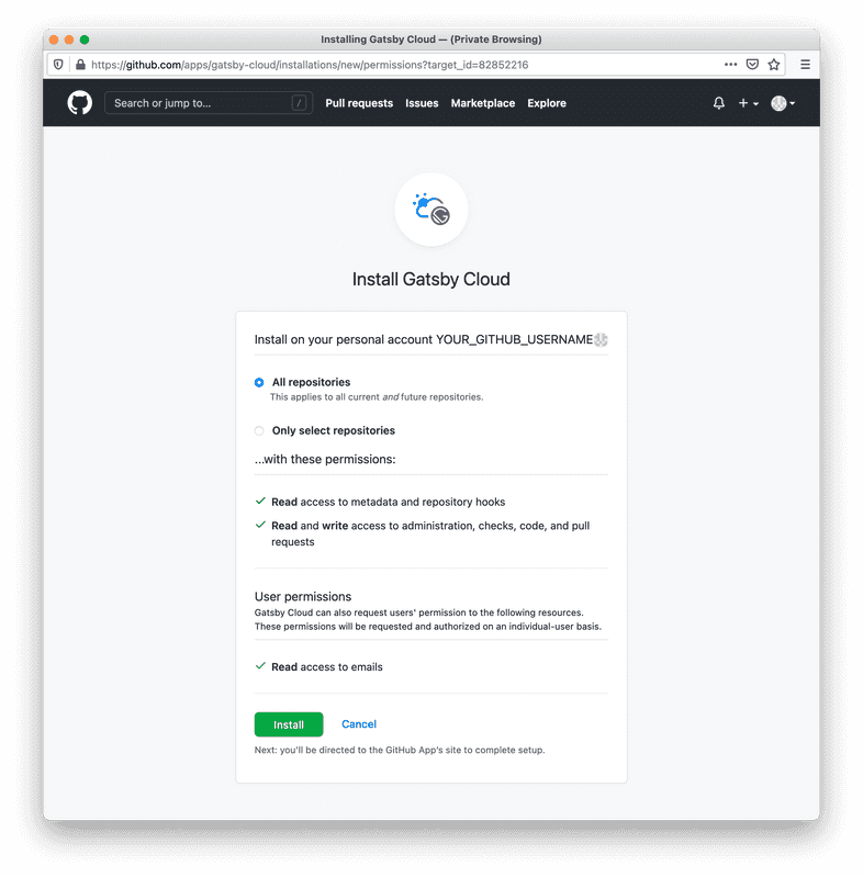 The GitHub permissions page, asking whether you want to give Gatsby Cloud access to your repos. The "All repositories" option is selected.