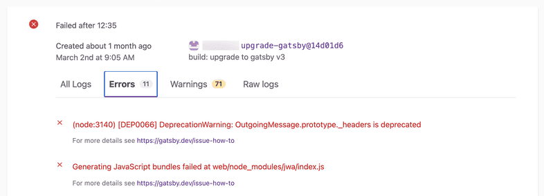 Gatsby Cloud error and warning logs